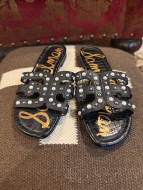 Sam Edelman Black and Gold Studded Slide Sandals